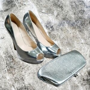 Le Chateau Silver Peep Toe Platform Heels and Clutch Purse